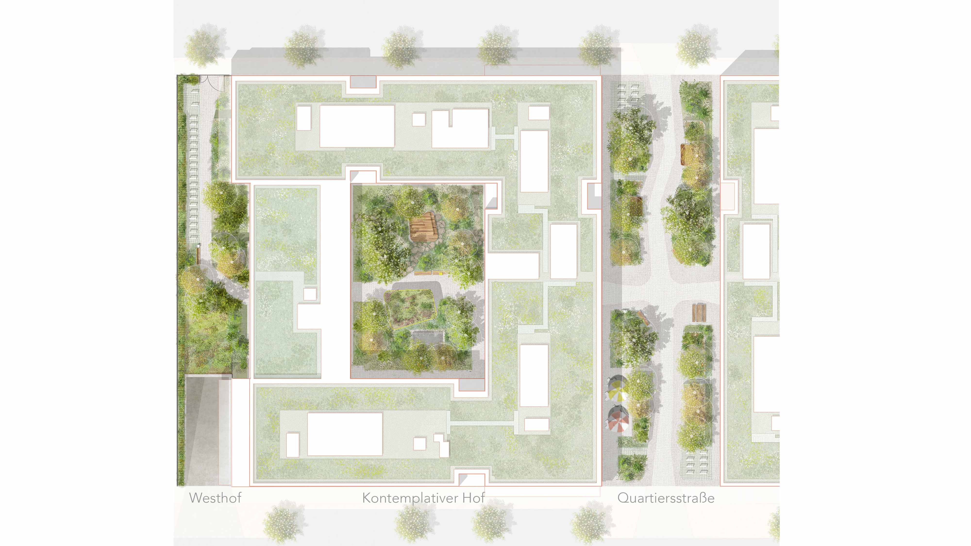 Die Gebäude des Projekts sind durch den Freiraum miteinander verbunden, der je nach den individuellen Bedürfnissen der Nutzenden durch die Verwendung von Vegetation, lokalen Materialien und einem dynamischen Möbeldesign unterschiedliche Charaktere erhält.